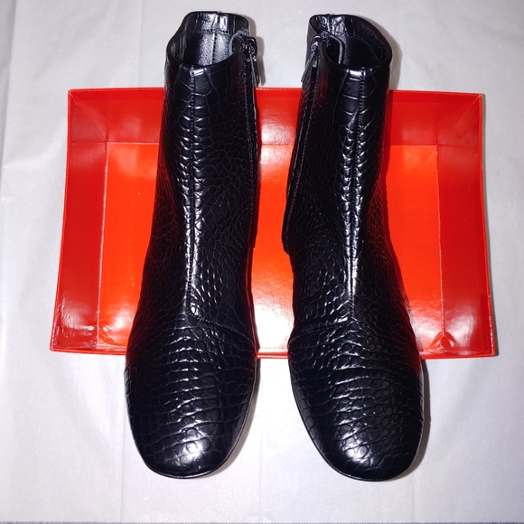 CLERGERIE Croc Leather Ankle Boots Metal Block Mid heel Black Booties Size 6.5 - Picture 11 of 16